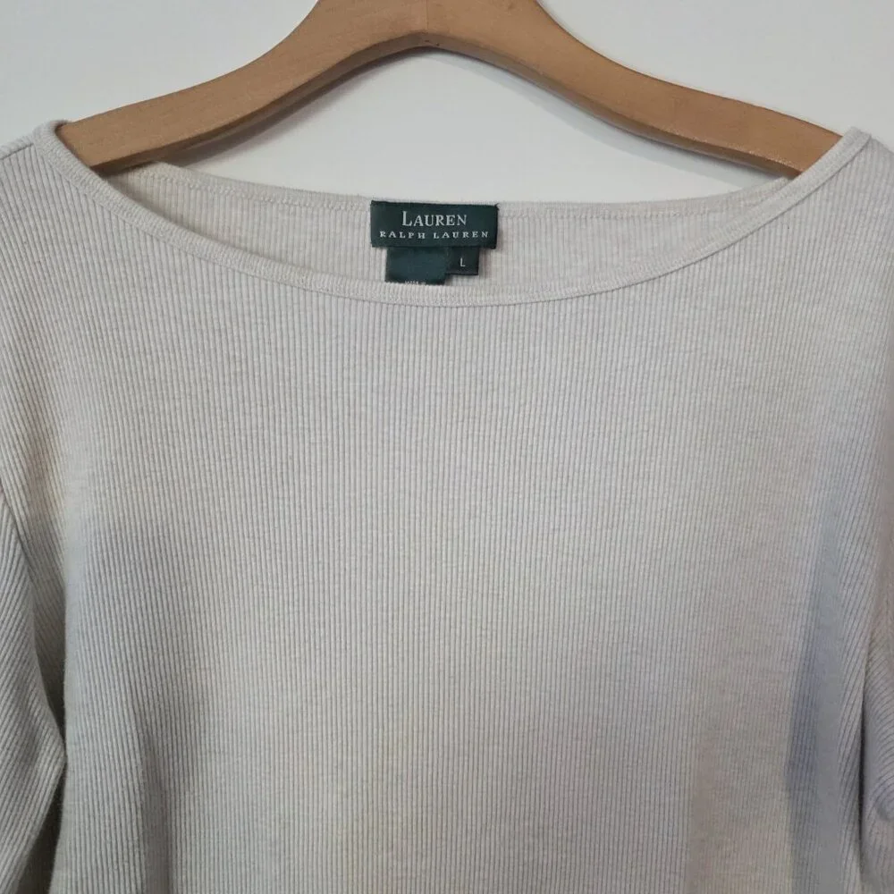 Lauren Ralph Lauren Ribbed Knit Sweater Cotton 3/4 Sleeve Lt Beige‎ Womens Large